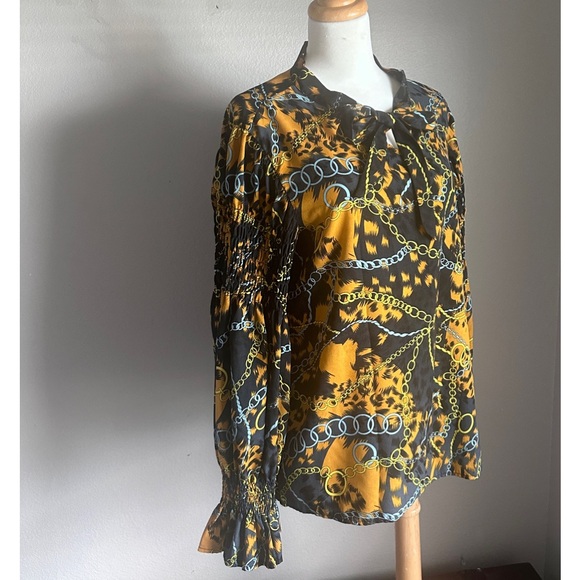 SHEIN Tops - Baroque Chain Print Poet Sleeve Tie-Neck Blouse | SHEIN XL